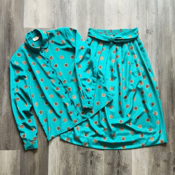 Vintage Dresses & Skirts - Vintage Tan Jay 2 Piece Midi Dress Set Teal Green With Floral Print Women's 8